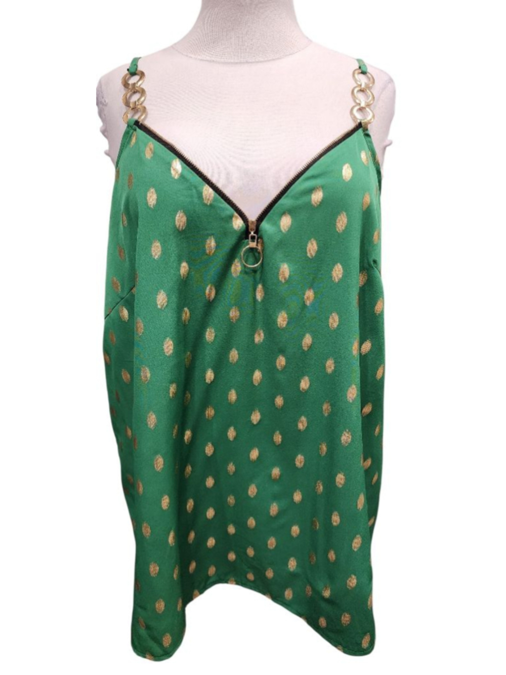 Green Gold Metallic Polka Dot Cami Tank Top Zipper Chain Strap 2XL SHEIN Curve